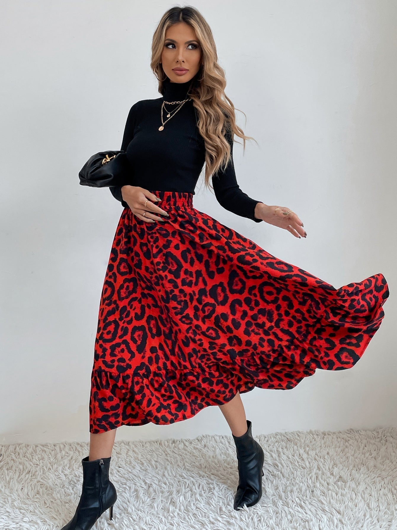 Elastic Waist Leopard Ruffled Maxi Skirt Sai Feel