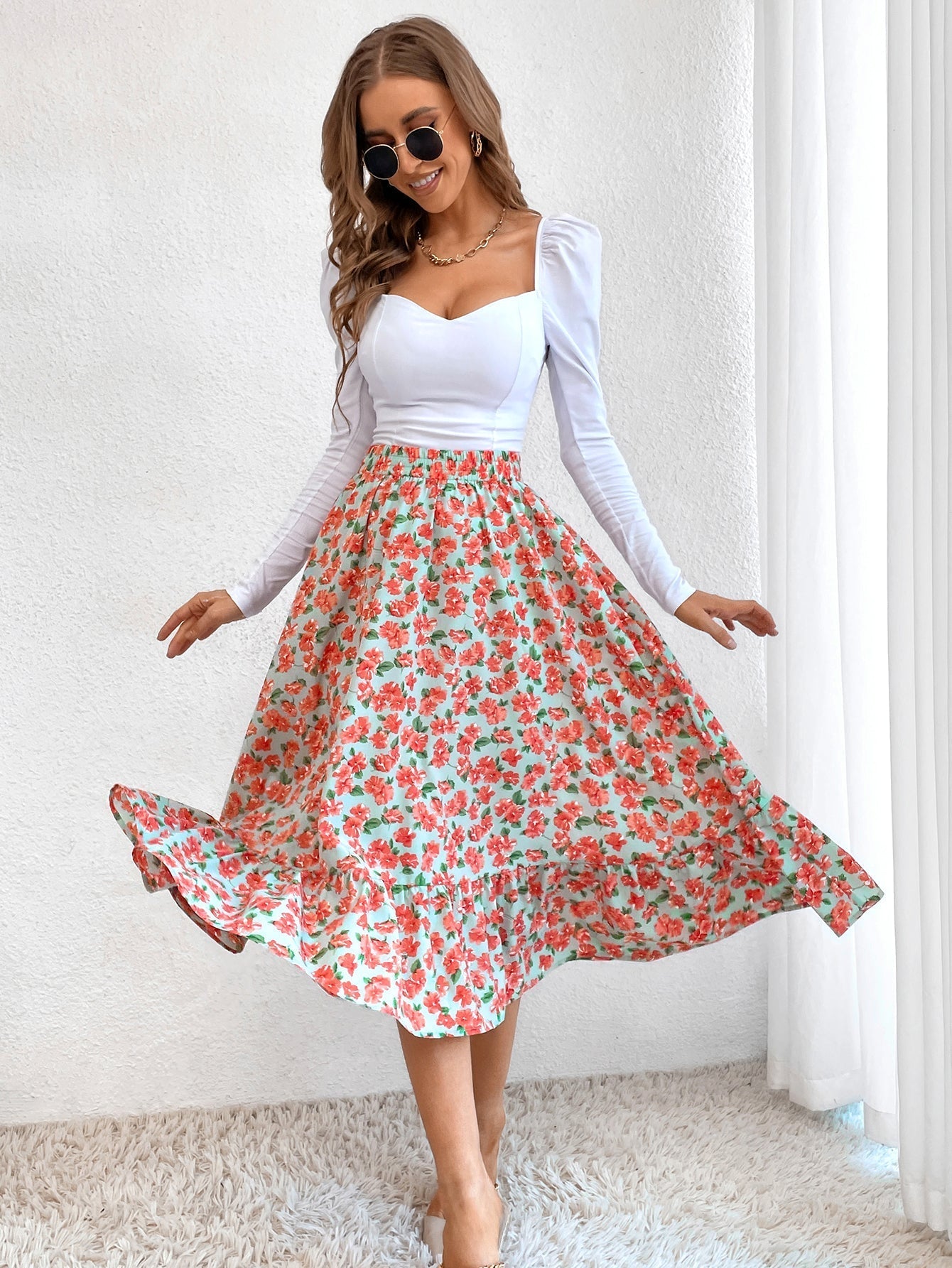 Elastic Waist Leopard Ruffled Maxi Skirt Sai Feel
