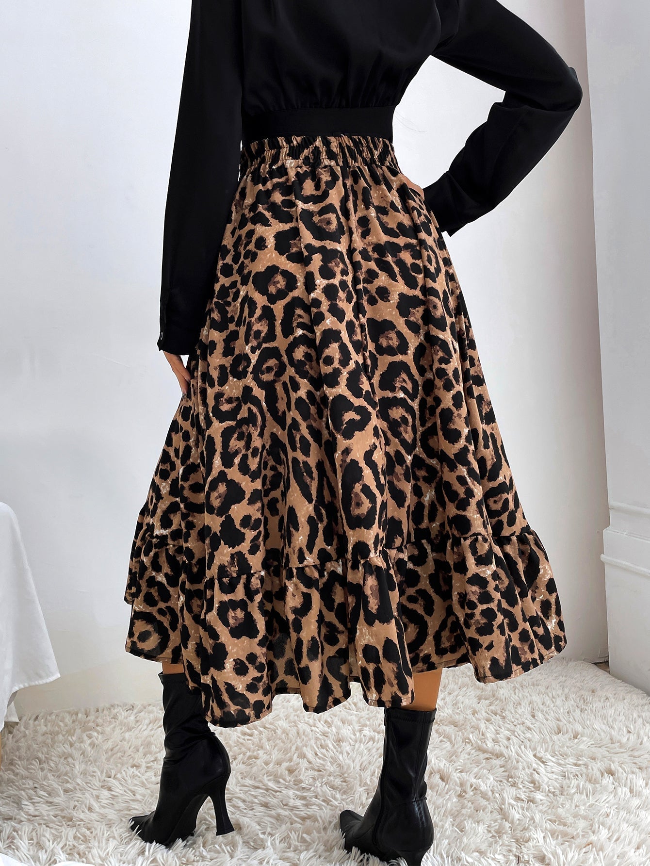 Elastic Waist Leopard Ruffled Maxi Skirt Sai Feel