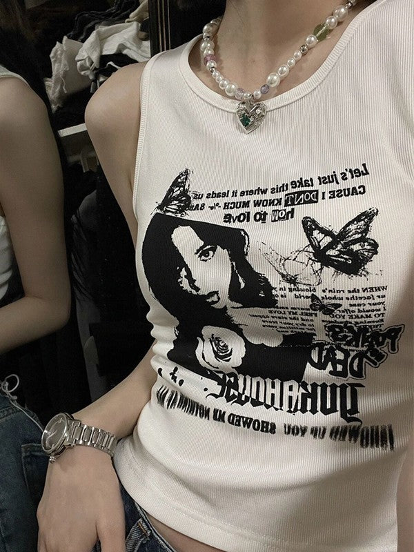 Kurzes Ripp-Tanktop mit Gothic-Punk-Print