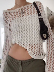 Langärmliges Strickoberteil mit Häkelmuster und Aussparungen
