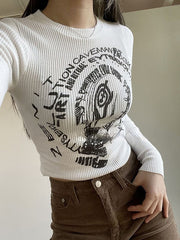 Kurzes Stricktop in Weiß mit Vintage-Print