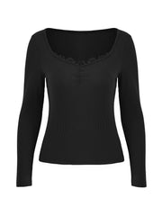 Lace Trim Black Long Sleeve Knit Top