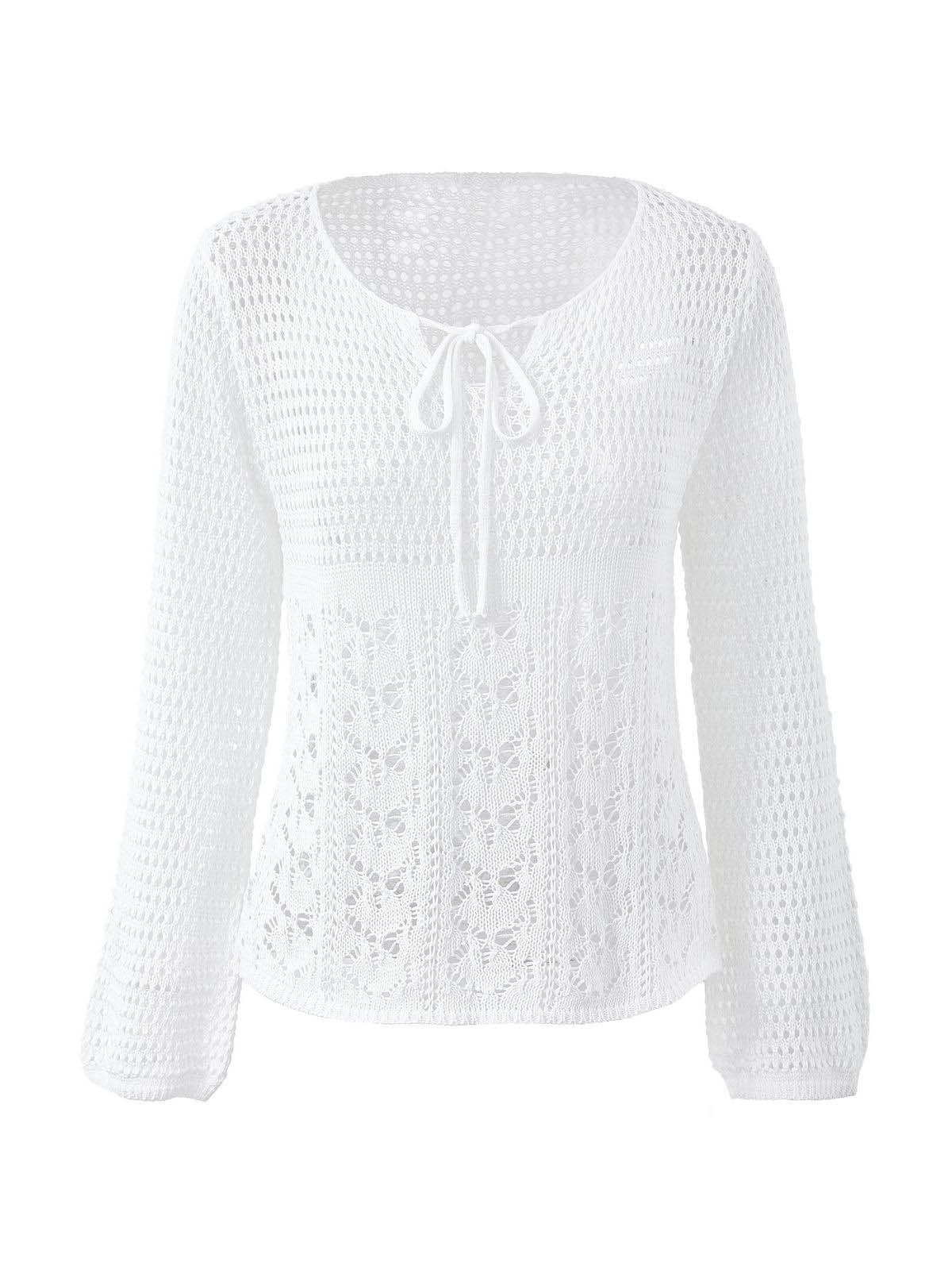 Weißes, offenes Stricktop mit Bindeband vorne