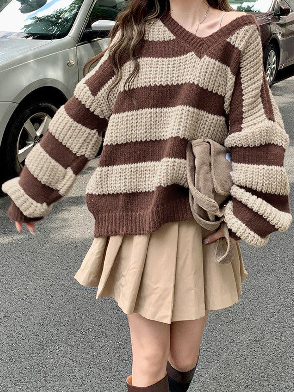 Oversize-Pullover mit V-Ausschnitt und Streifen