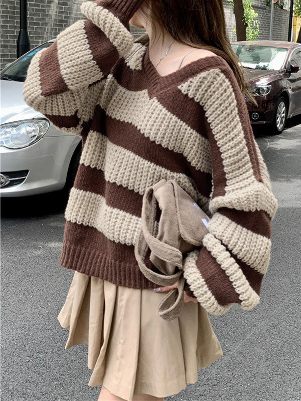 Oversize-Pullover mit V-Ausschnitt und Streifen
