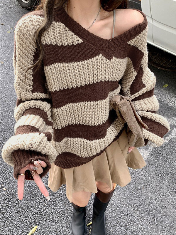 Oversize-Pullover mit V-Ausschnitt und Streifen