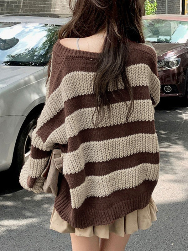 Oversize-Pullover mit V-Ausschnitt und Streifen