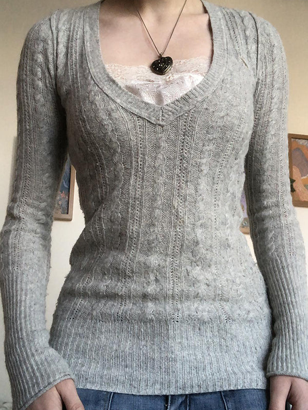 Vintage-Stricktop mit V-Ausschnitt und Zopfmuster