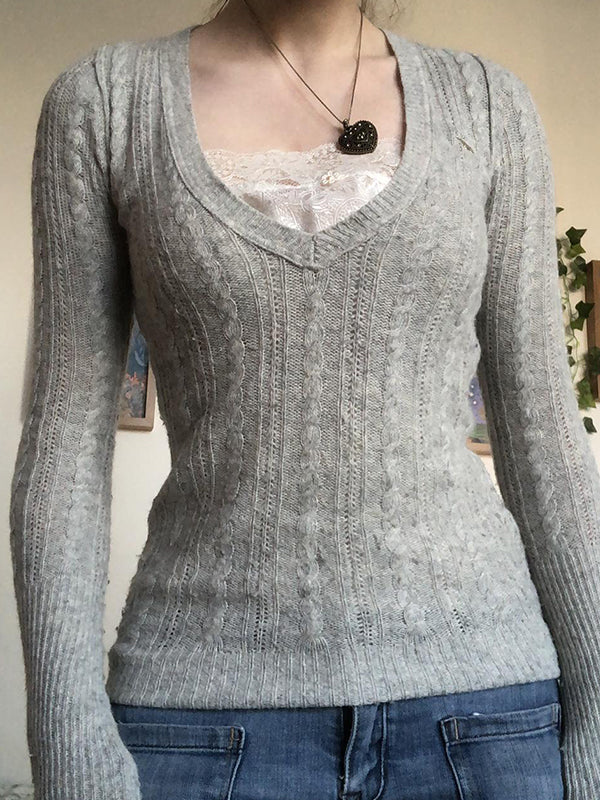 Vintage-Stricktop mit V-Ausschnitt und Zopfmuster