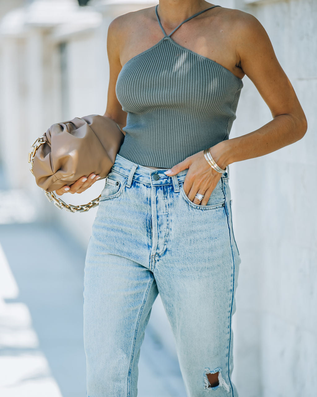 Glattes geripptes Neckholder-Crop-Top - Vintage Olive