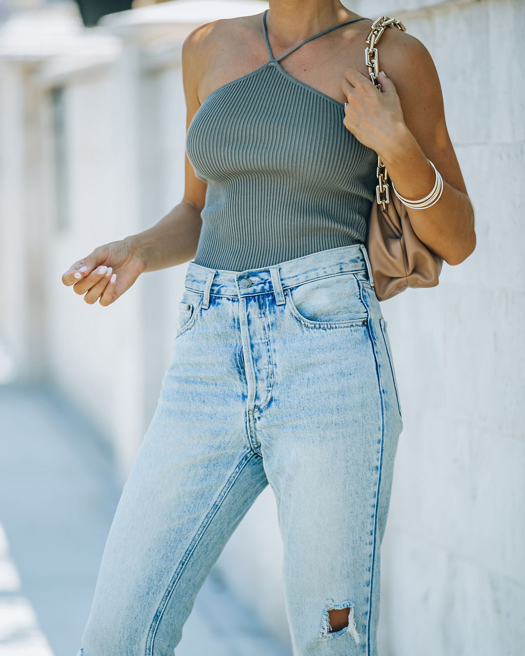 Glattes geripptes Neckholder-Crop-Top - Vintage Olive