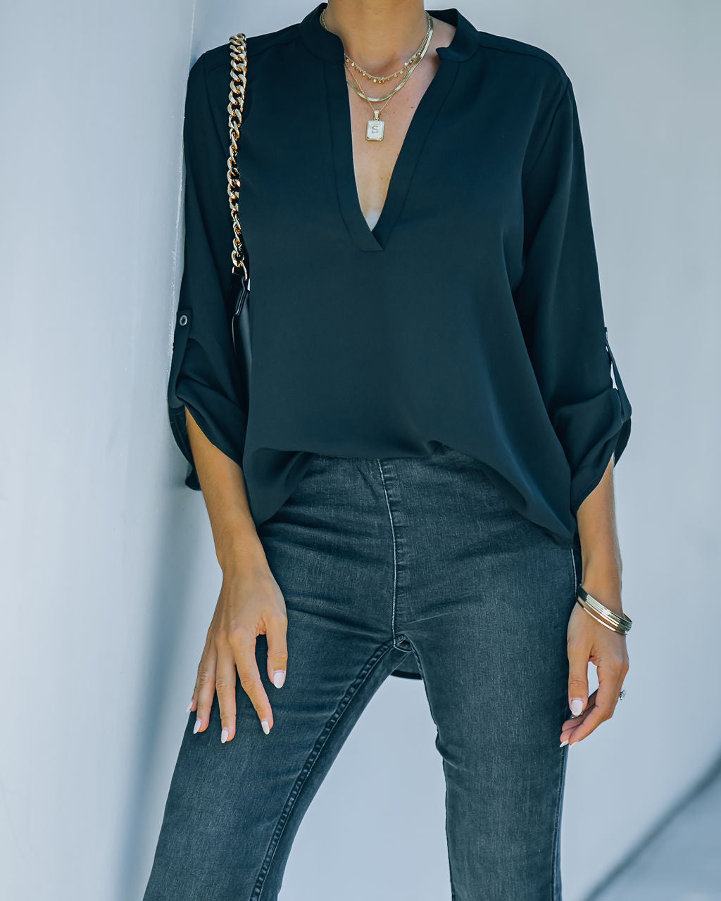 Split The Tab Bluse – New Black – ENDGÜLTIGER VERKAUF
