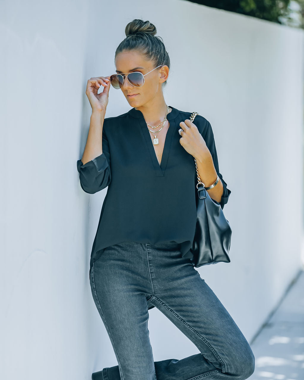 Split The Tab Bluse – New Black – ENDGÜLTIGER VERKAUF