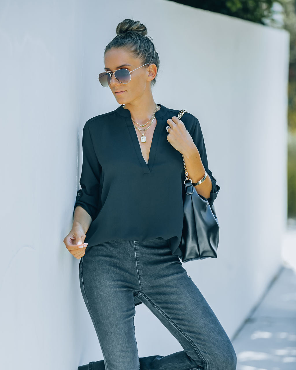Split The Tab Bluse – New Black – ENDGÜLTIGER VERKAUF