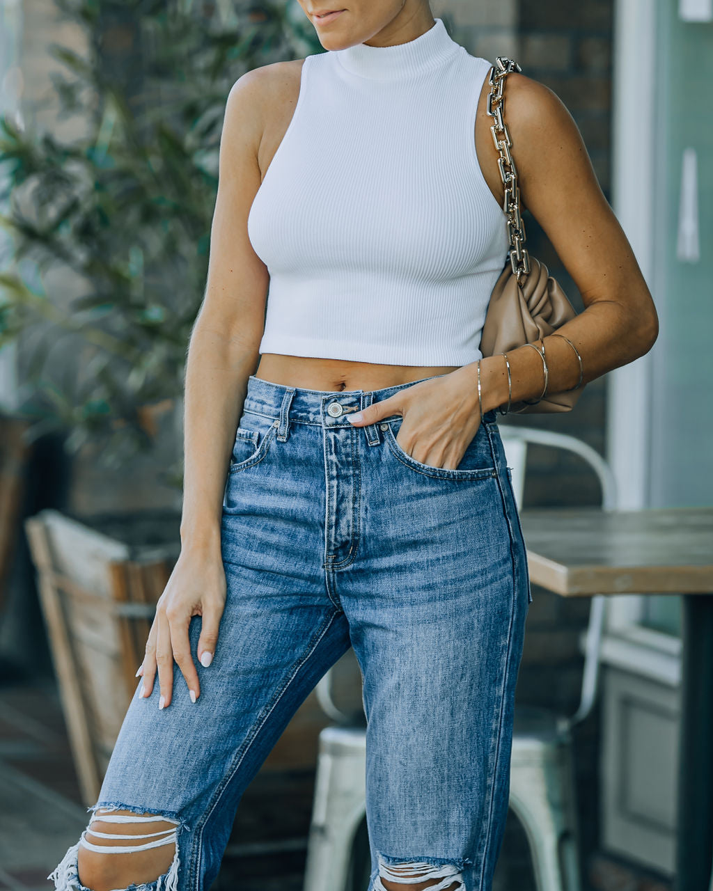 Louie Ärmelloses Crop Top mit Stehkragen - Weiß