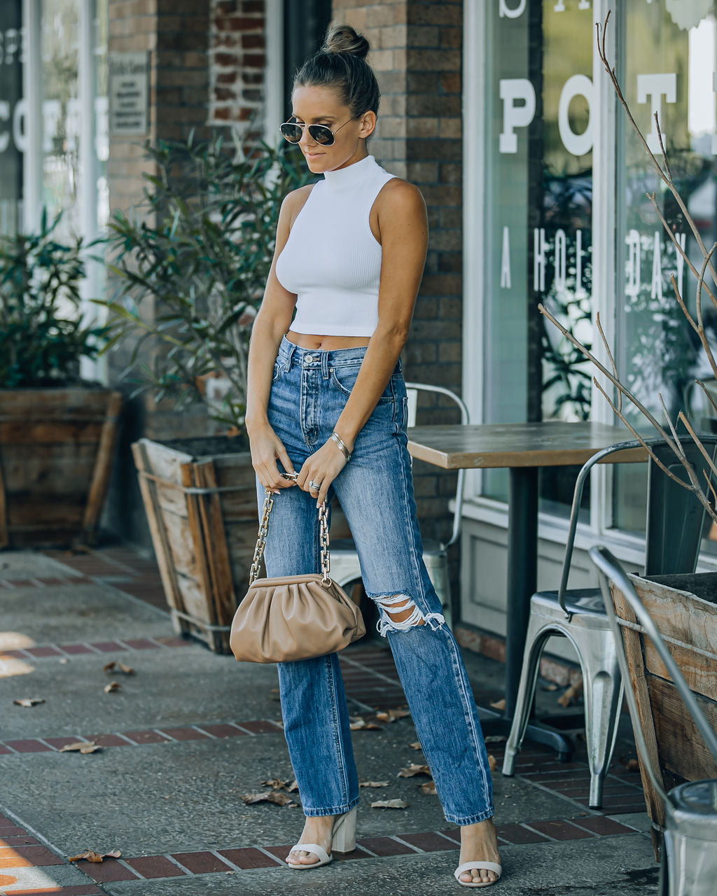 Louie Ärmelloses Crop Top mit Stehkragen - Weiß