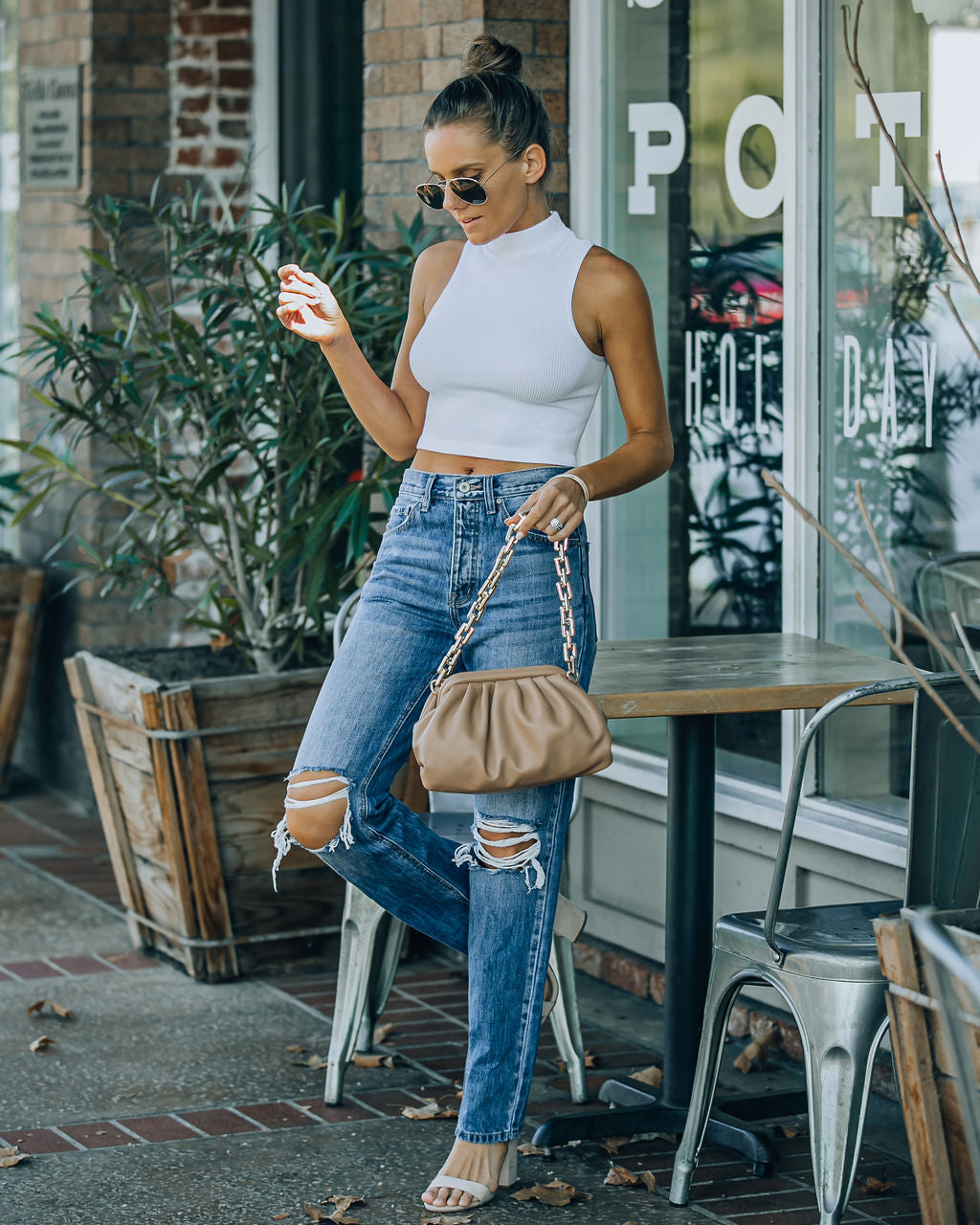 Louie Ärmelloses Crop Top mit Stehkragen - Weiß