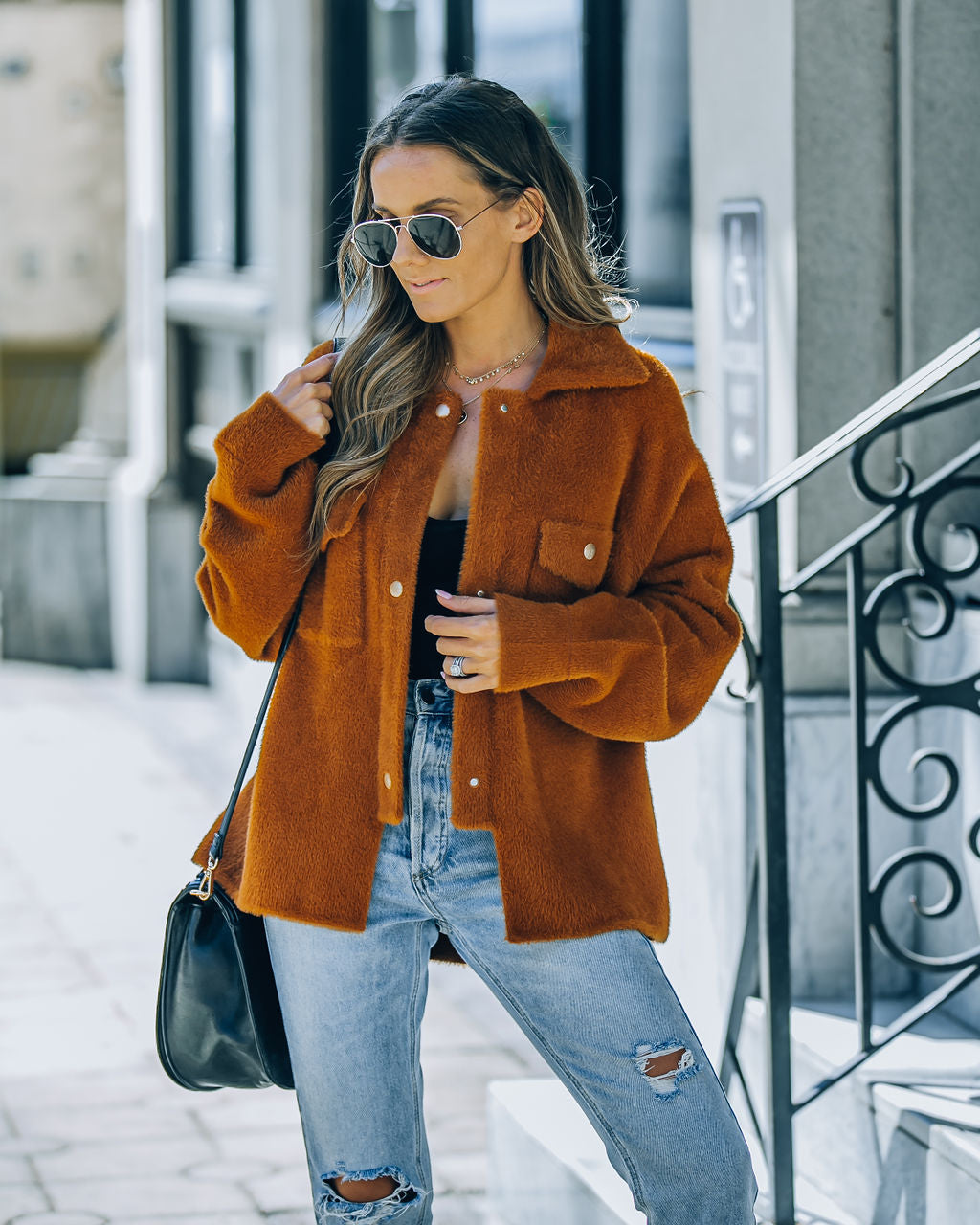 Aiden Fuzzy Knit Shacket – Kamel – ENDGÜLTIGER VERKAUF