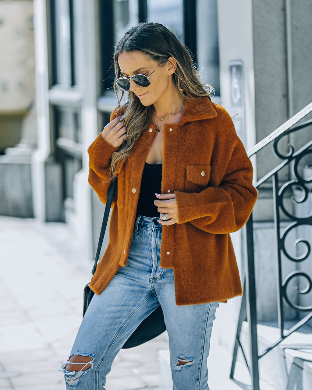 Aiden Fuzzy Knit Shacket – Kamel – ENDGÜLTIGER VERKAUF