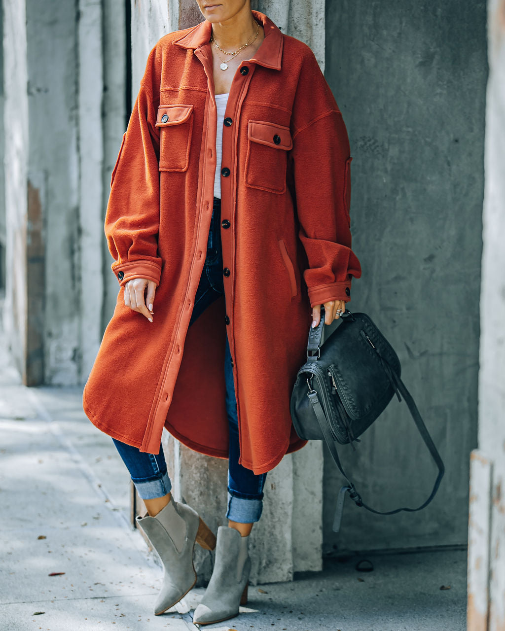 Alayjah Lange Fleecejacke mit Taschen - Rost