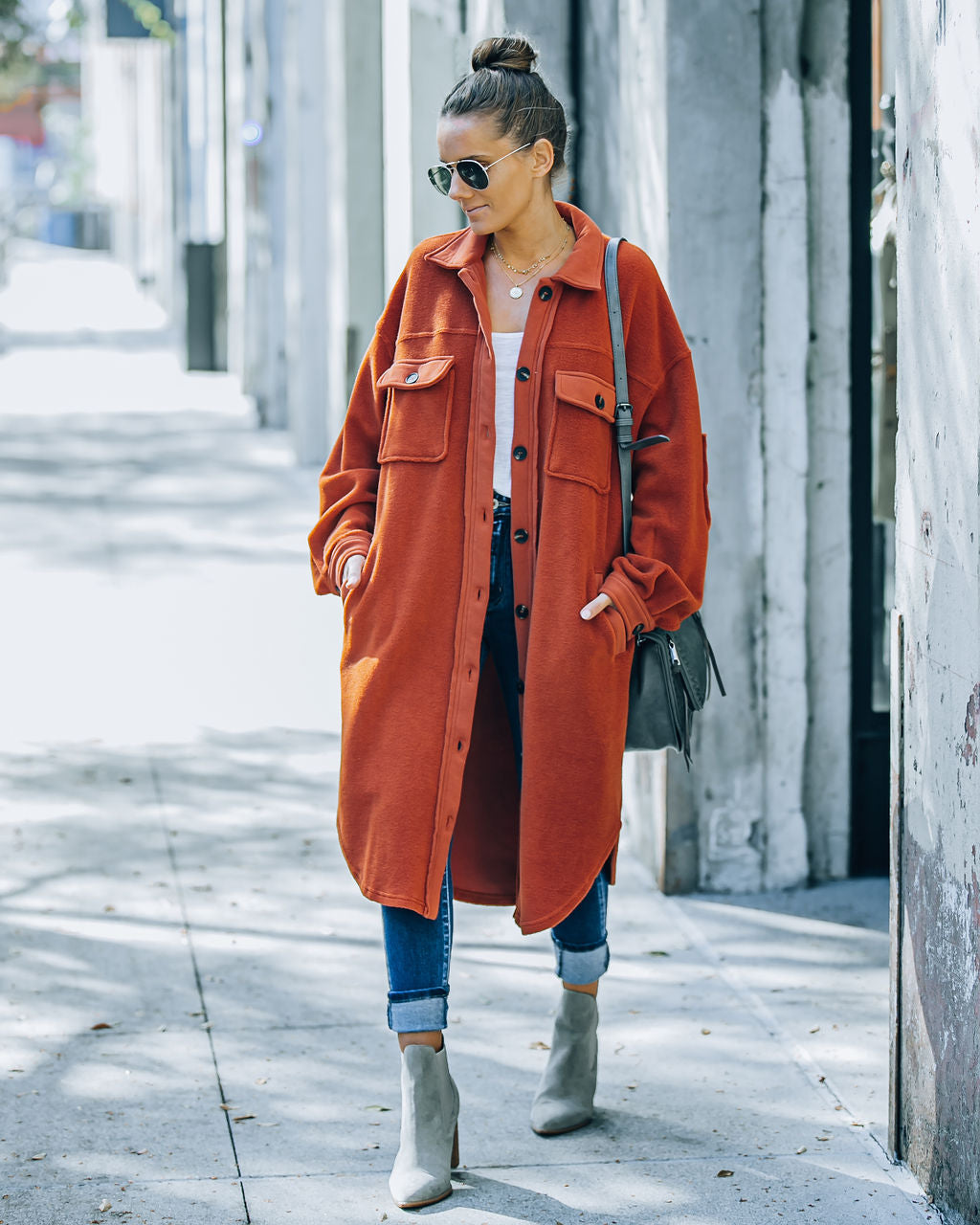 Alayjah Lange Fleecejacke mit Taschen - Rost