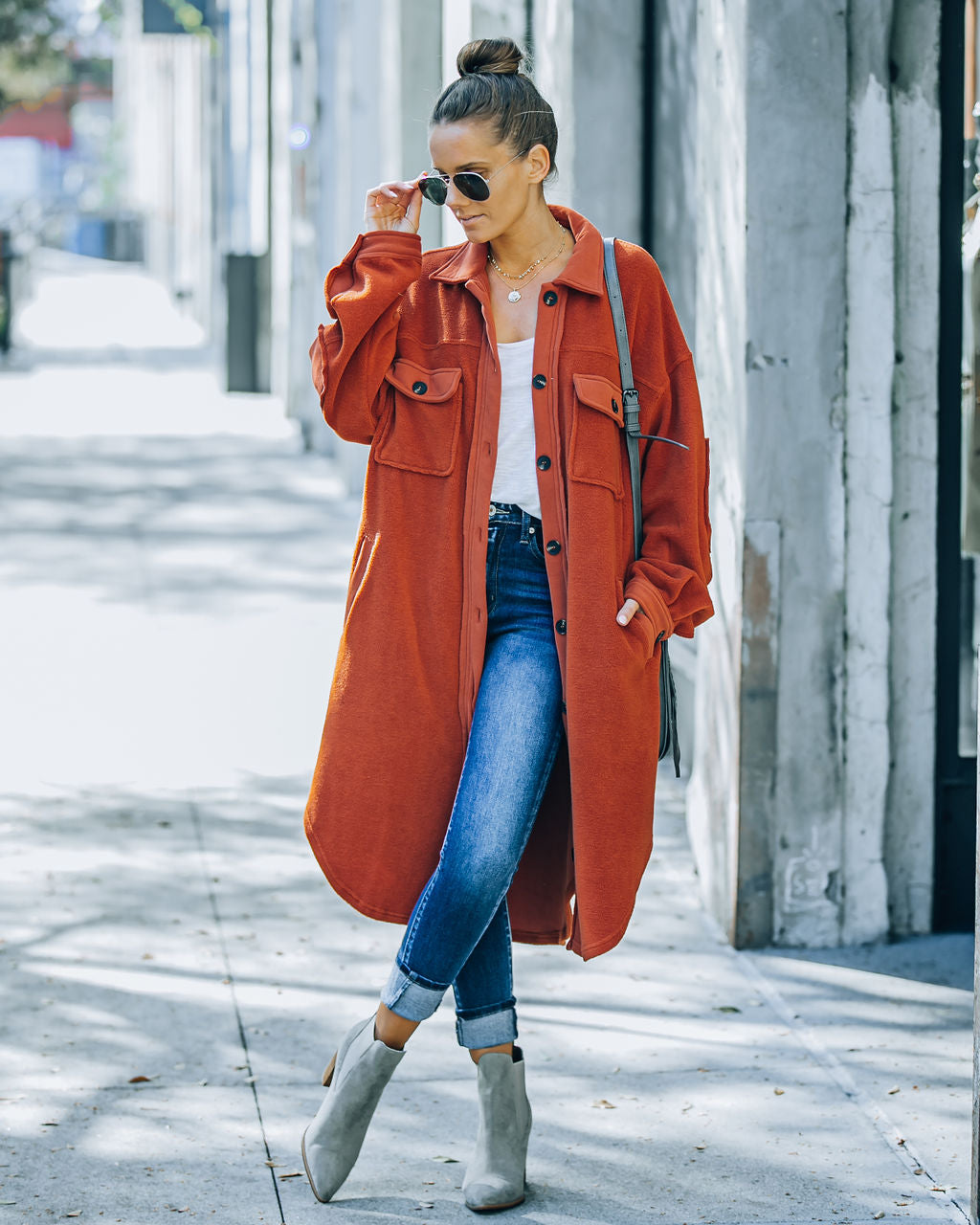 Alayjah Lange Fleecejacke mit Taschen - Rost