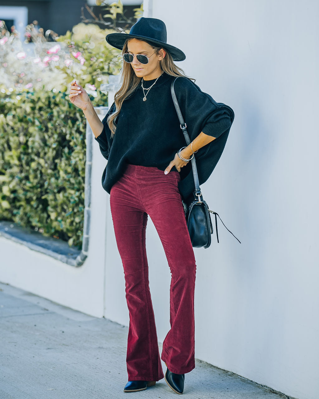 Sophie High Rise Bell Bottom Cordhose - Burgunderrot