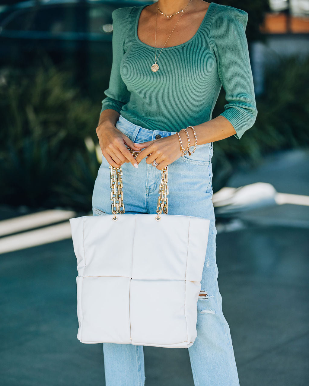 Bolso tote acolchado con cadena desplegable - Marfil - VENTA FINAL