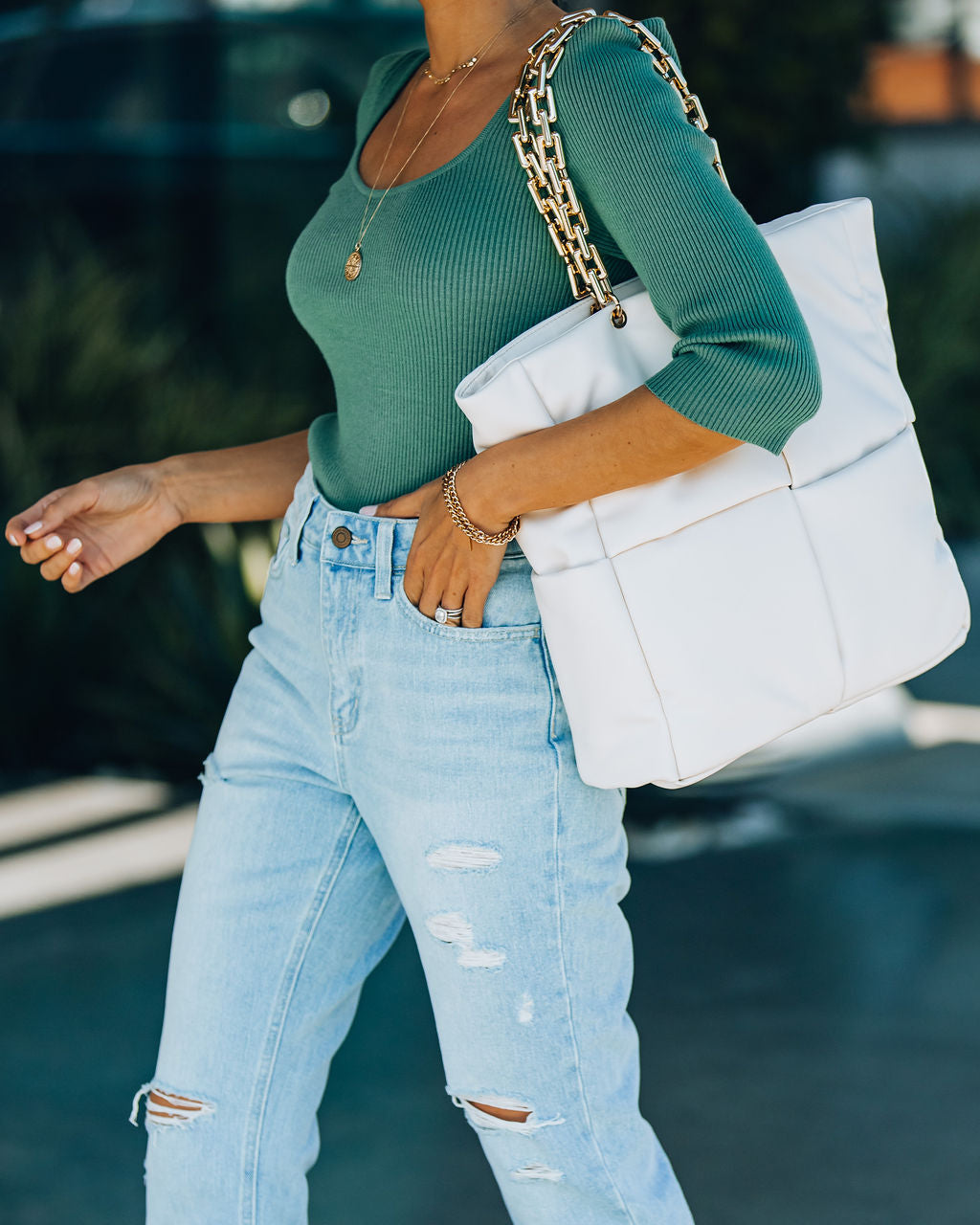 Bolso tote acolchado con cadena desplegable - Marfil - VENTA FINAL