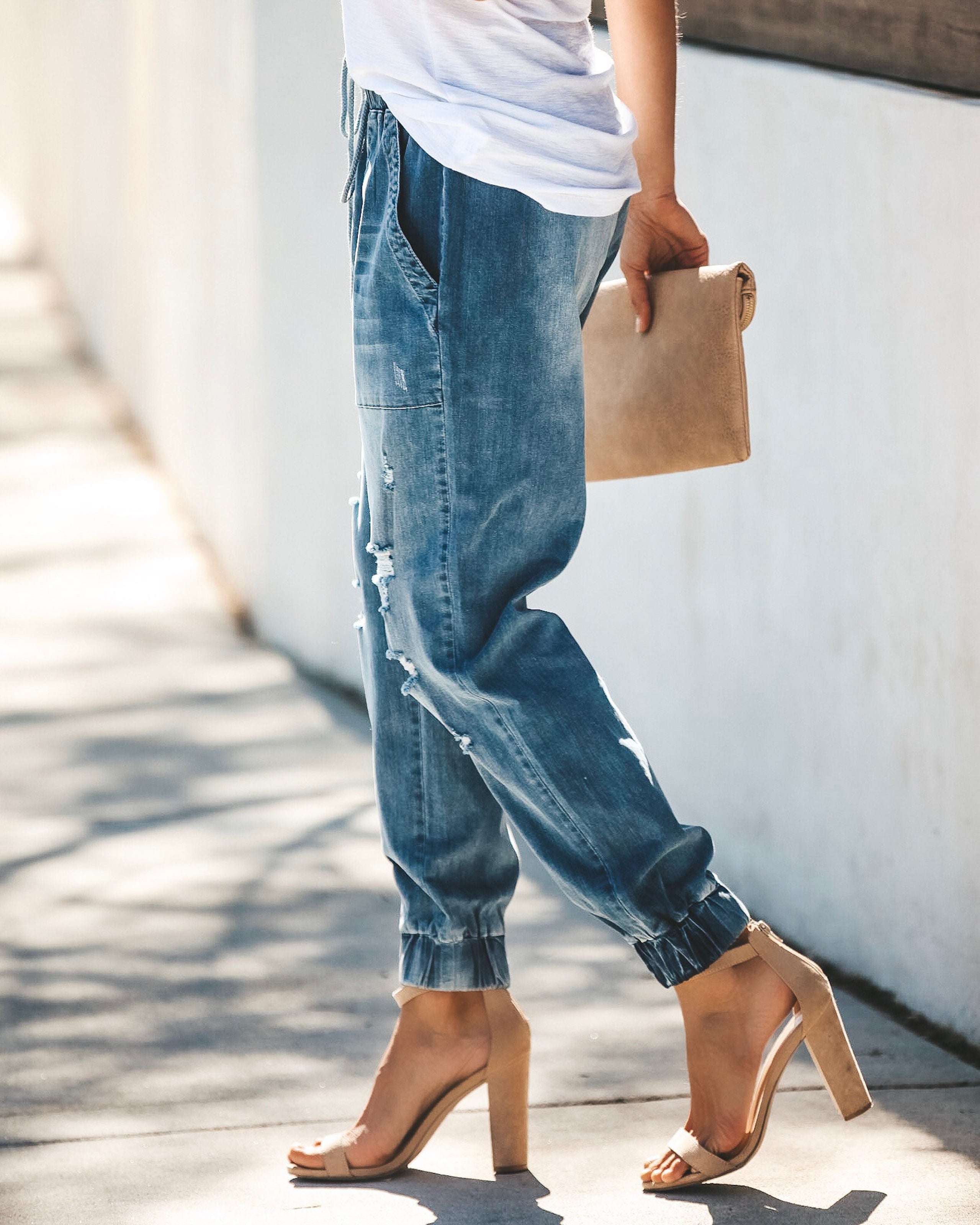 Say Yes To Distress Drawstring Pocketed Joggers