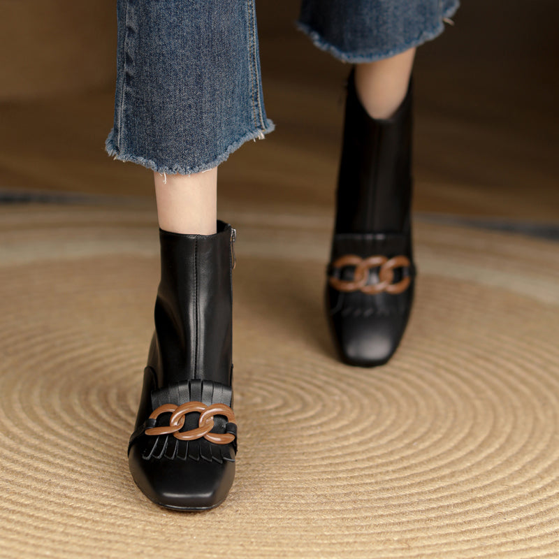 Elena Square Toe Ankle Boots with Chain