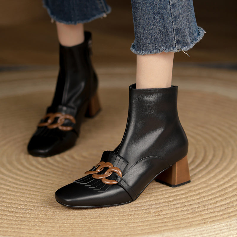 Elena Square Toe Ankle Boots with Chain