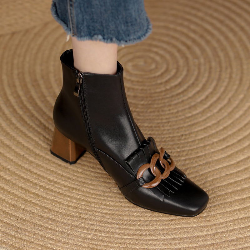 Elena Square Toe Ankle Boots with Chain