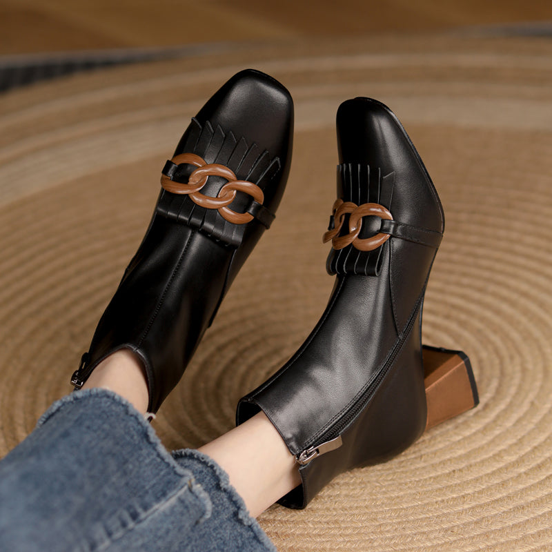 Elena Square Toe Ankle Boots with Chain
