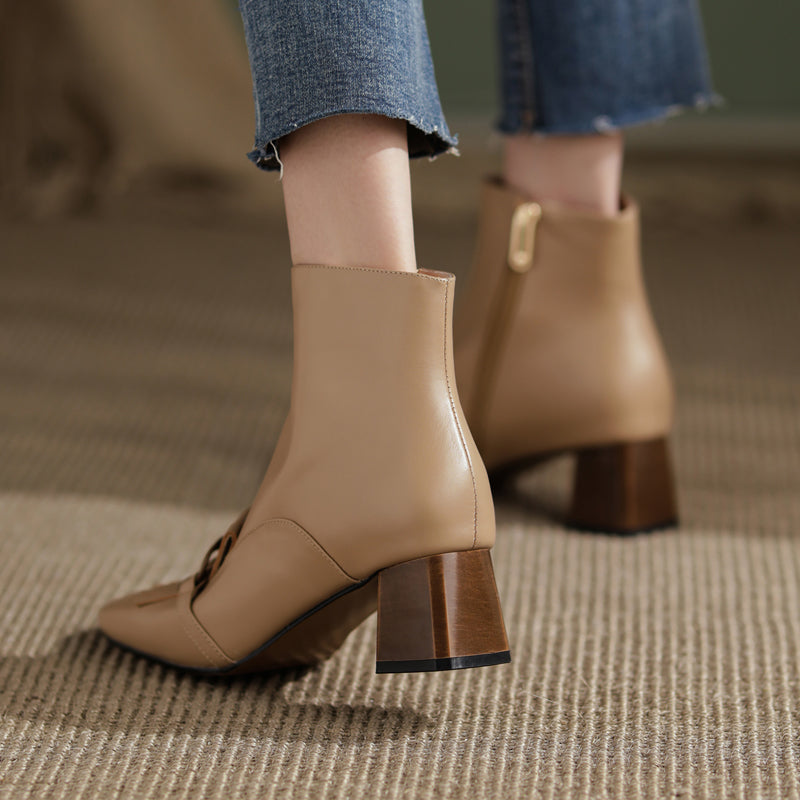 Elena Square Toe Ankle Boots with Chain