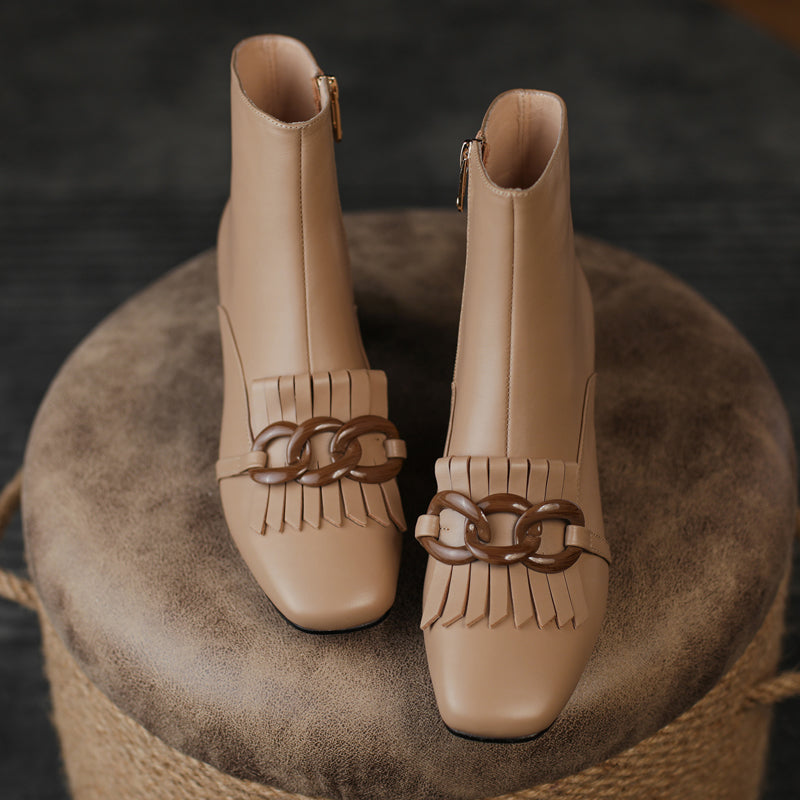 Elena Square Toe Ankle Boots with Chain