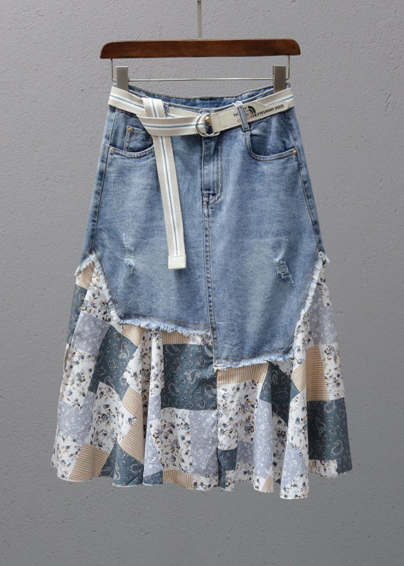 Denimblauer Patchwork-Maxirock mit hoher Taille