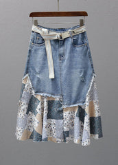 Denimblauer Patchwork-Maxirock mit hoher Taille