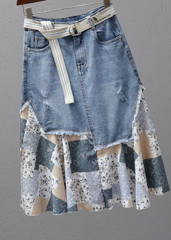 Denimblauer Patchwork-Maxirock mit hoher Taille