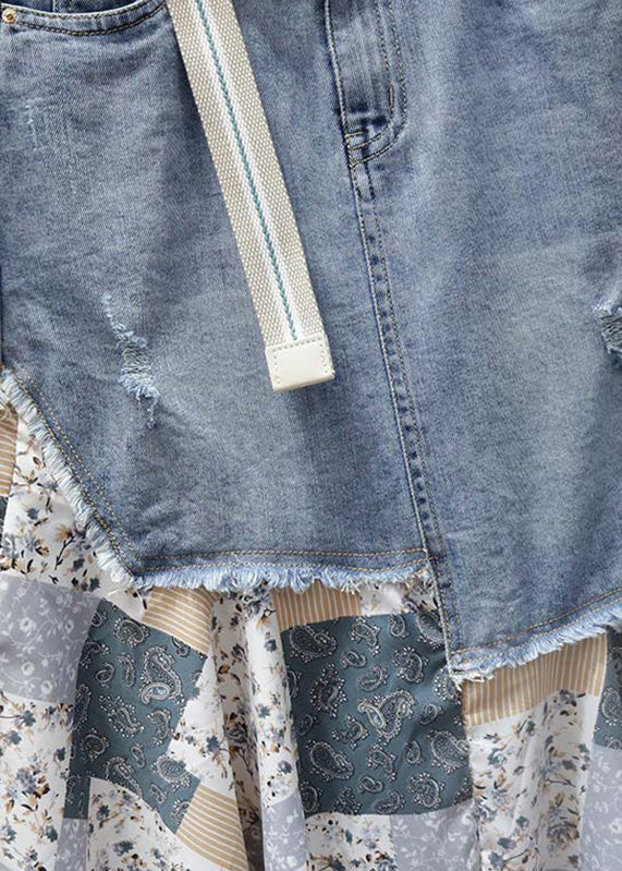 Denimblauer Patchwork-Maxirock mit hoher Taille