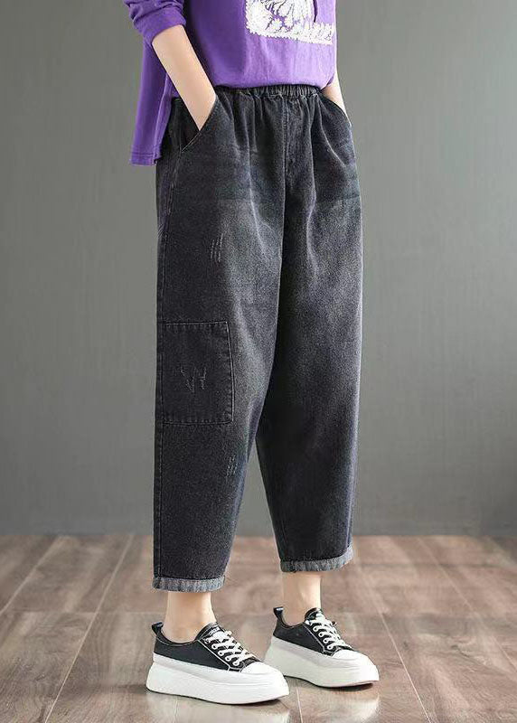 Feine blaue elastische Taillentaschen Lässige Haremshose aus Denim