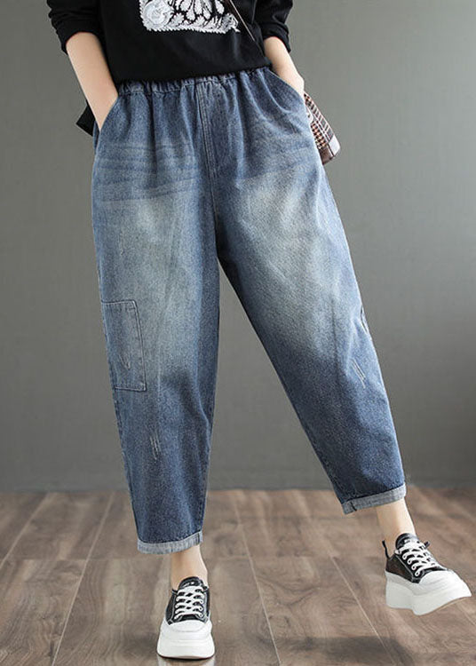 Feine blaue elastische Taillentaschen Lässige Haremshose aus Denim