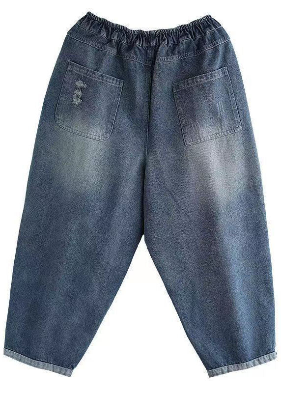 Feine blaue elastische Taillentaschen Lässige Haremshose aus Denim