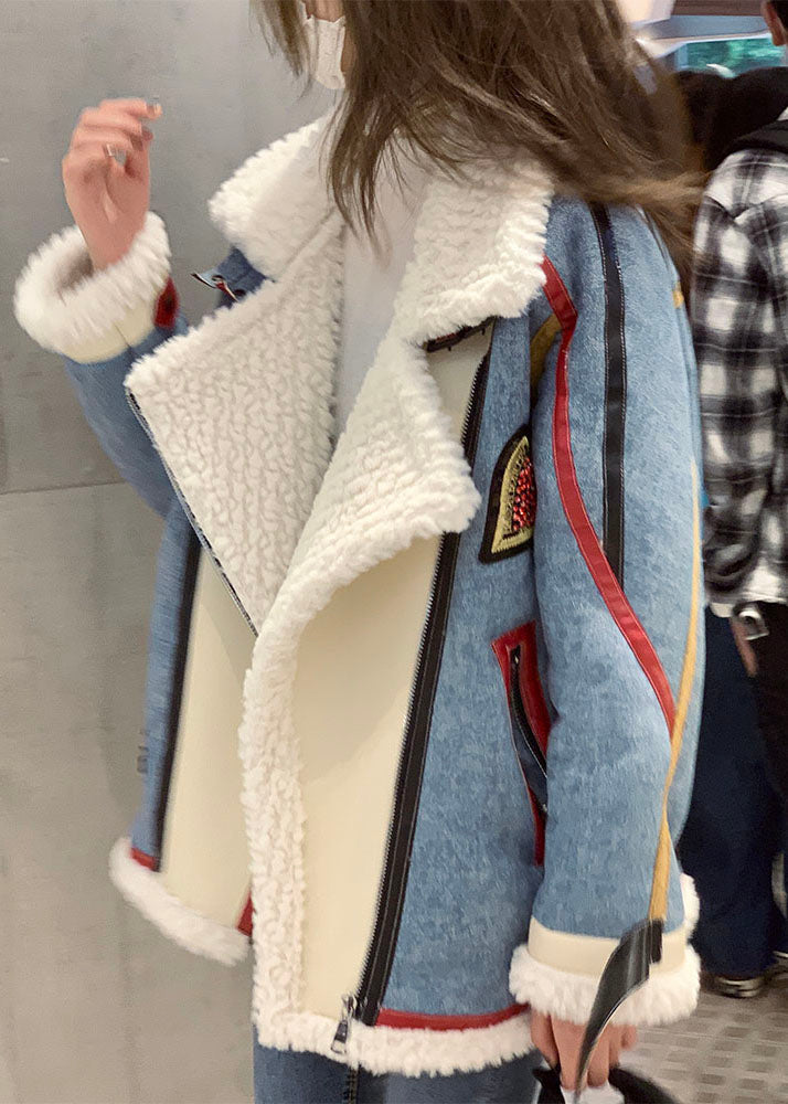 French Blue Zip Up Denim Patchwork Kunstpelz Wintermantel
