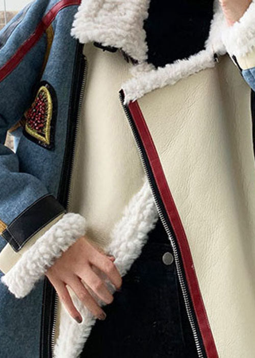 French Blue Zip Up Denim Patchwork Kunstpelz Wintermantel