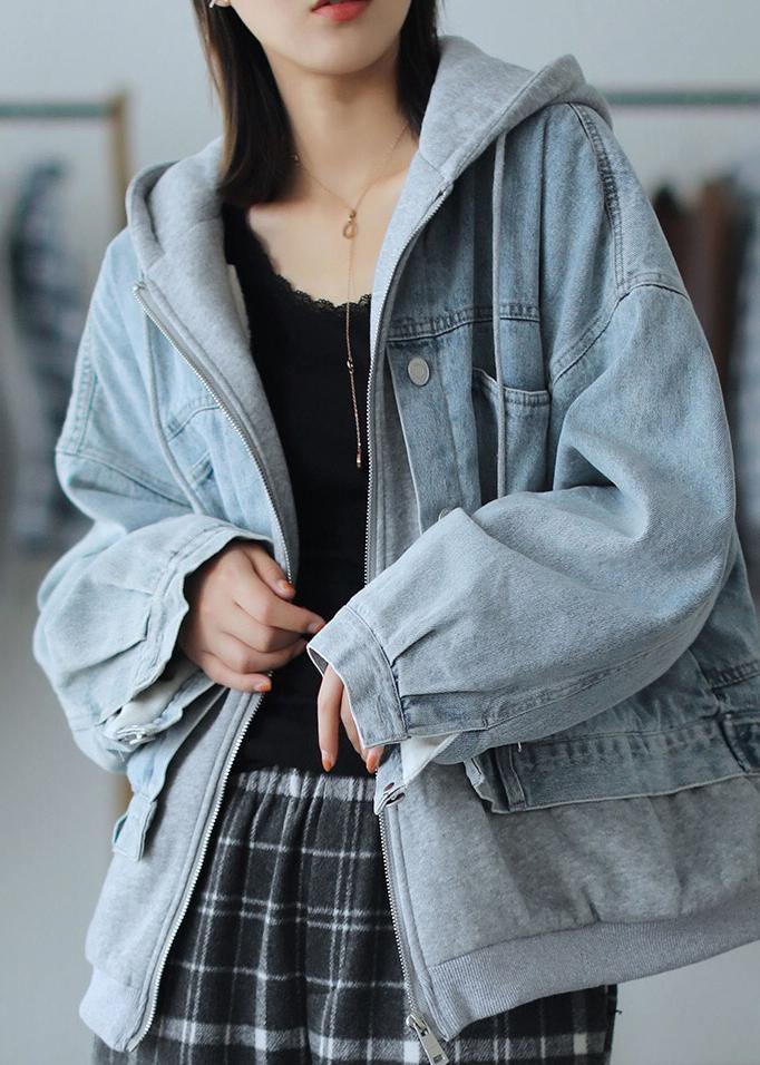 Französische Kapuzenjacke mit zwei Teilen, feine Mäntel, Denimblau, lockere Mäntel
