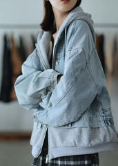 Französische Kapuzenjacke mit zwei Teilen, feine Mäntel, Denimblau, lockere Mäntel