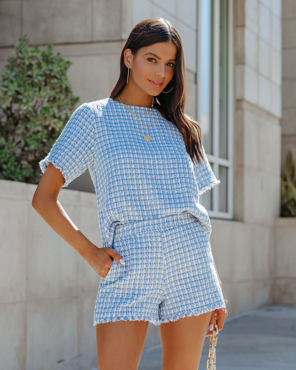 Gracie High Rise Tweed-Shorts mit ausgefransten Taschen - Blau