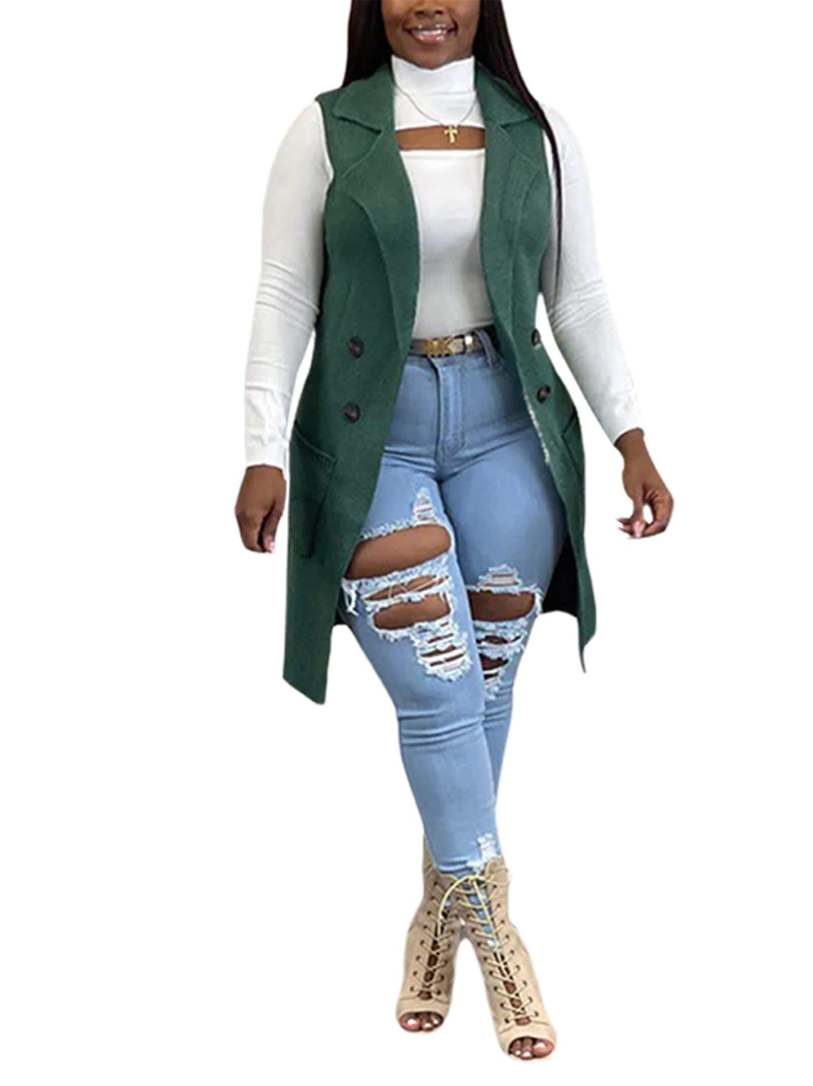 Chaquetas de botones sin mangas con solapa de color sólido